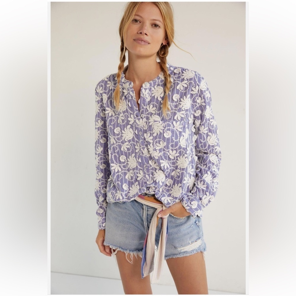New Anthropologie Sz Sm Pilcro Whitney Applique Trapeze Button Down Shirt